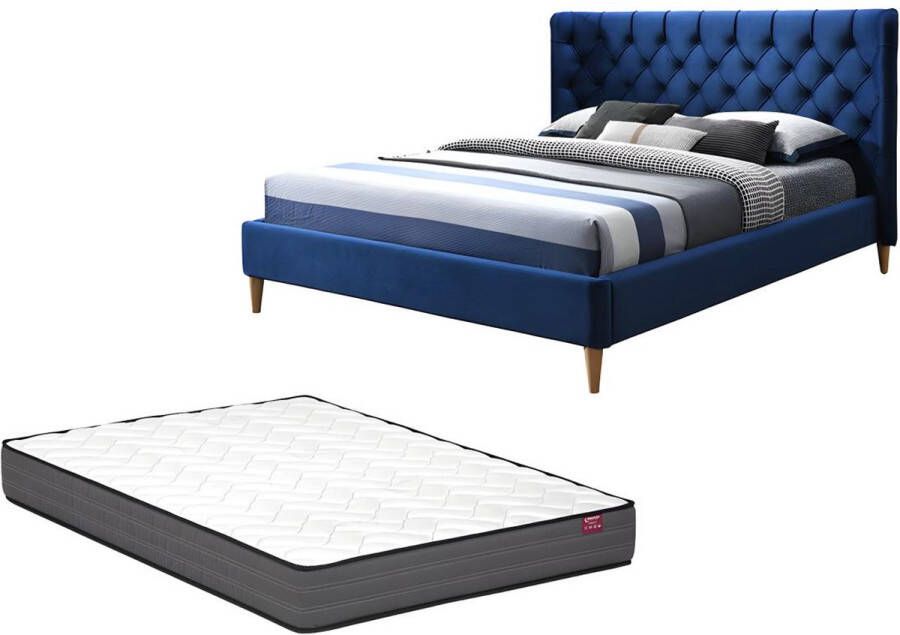 Bed 140 x 190 cm met hoofdbord met capitonnage Velours Koningsblauw + matras ENODI L 190 cm x H 120.5 cm x D 210.5 cm