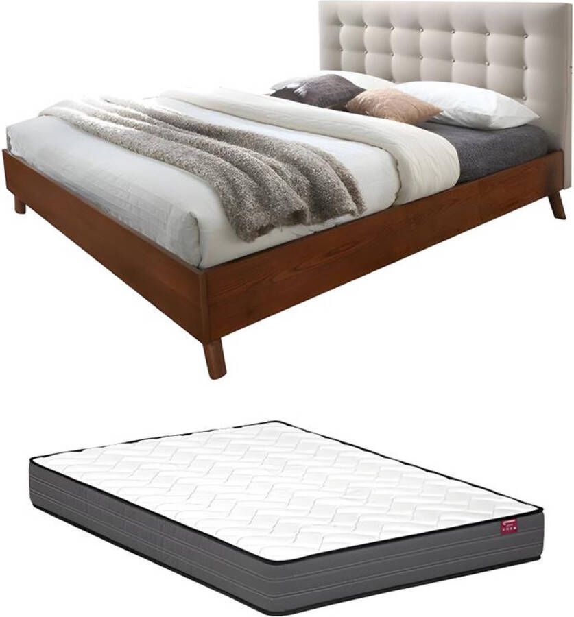 Bed 140 x 190 cm met hoofdbord met capitons Stof Beige + matras FRANCESCO L 146 cm x H 111 cm x D 201 cm
