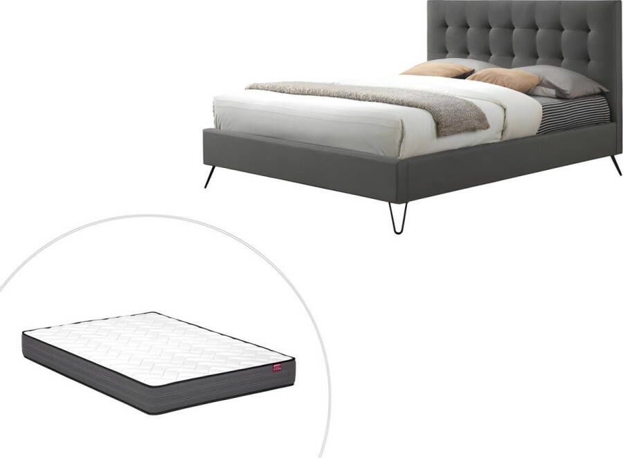 Vente-unique Bed 140 x 190 cm met hoofdbord met capitons Stof Grijs + matras COSTANZA L 148 cm x H 110.5 cm x D 205 cm