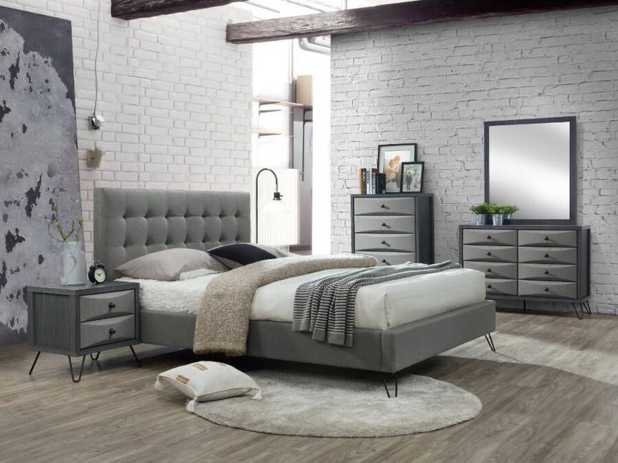 Vente-unique Bed 140 x 190 cm met hoofdbord met capitons Stof Grijs + matras COSTANZA L 148 cm x H 110.5 cm x D 205 cm - Foto 2