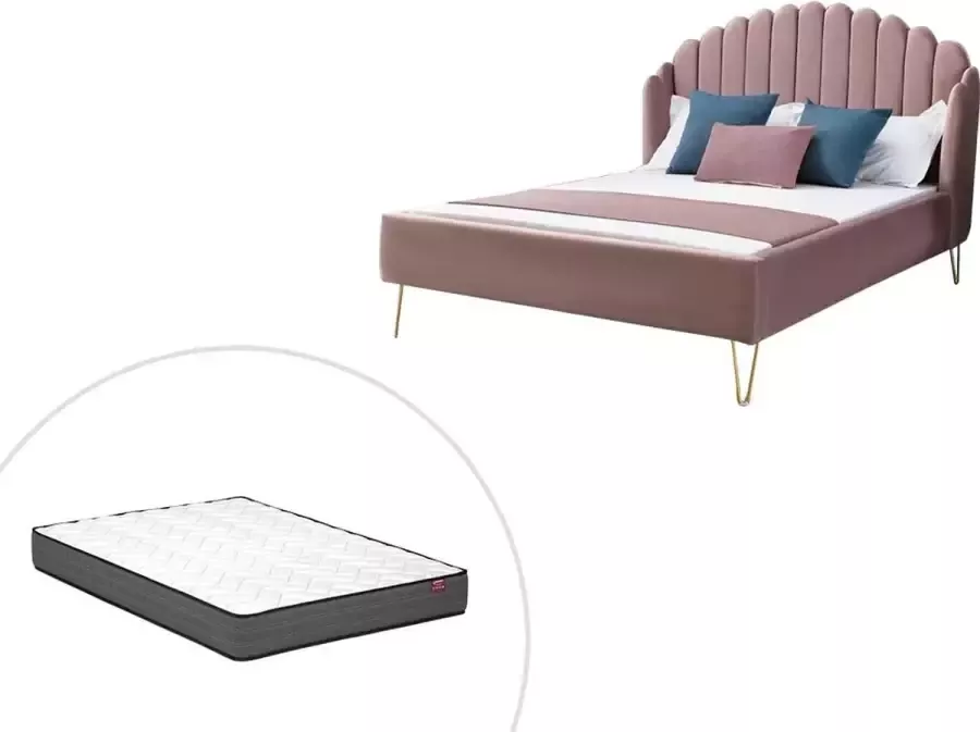Vente-unique Bed 140 x 190 cm met hoofdbord met golfpatroon Velours Oudroze + matras SAGALI L 158 cm x H 126 cm x D 203 cm - Foto 2