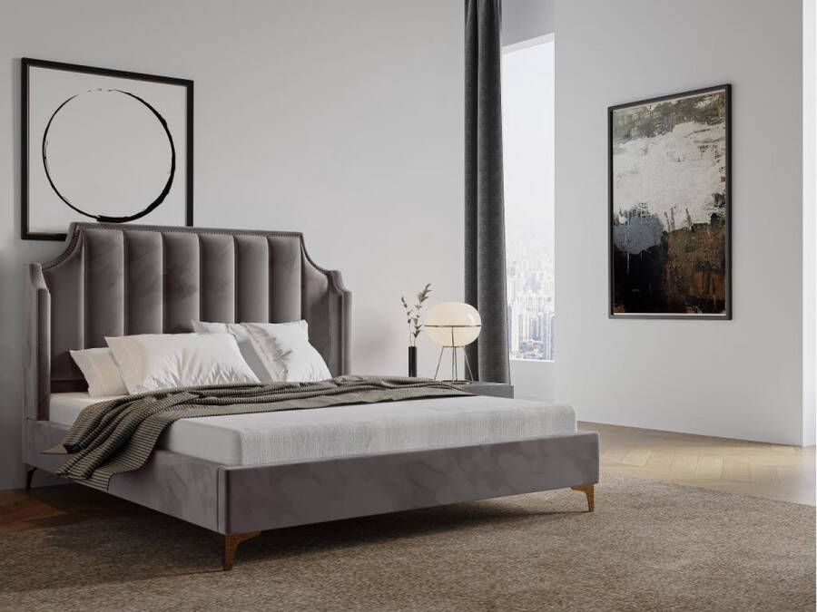 Bed 140 x 190 cm met hoofdbord met inkeping Velours Antraciet + matras CAMILLA II L 152 cm x H 128 cm x D 205 cm