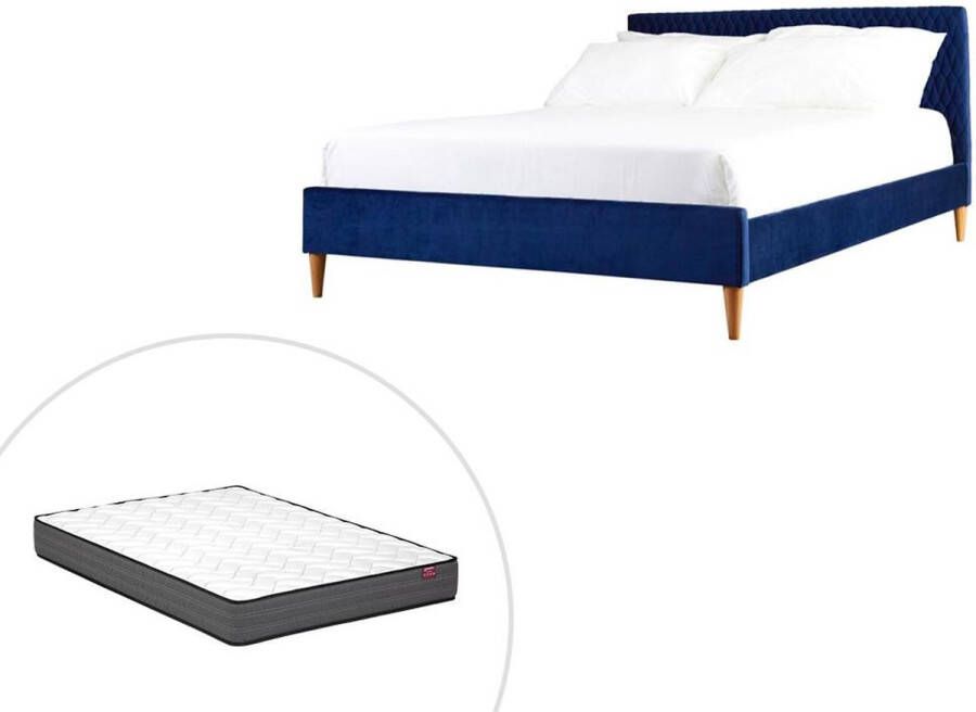 Bed 140 x 190 cm met hoofdbord met stiksels Velours Blauw + matras DANIELE L 196.5 cm x H 132 cm x D 146 cm