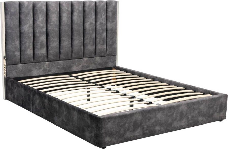 Bed 140 x 190 cm met hoofdbord met verticale stiksels Velours Antraciet FEROYA L 155 cm x H 123 cm x D 206 cm