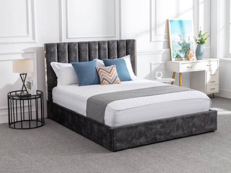 Bed 140 x 190 cm met hoofdbord met verticale stiksels Velours Antraciet + matras FEROYA L 155 cm x H 123 cm x D 206 cm