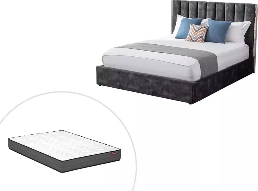 Bed 140 x 190 cm met hoofdbord met verticale stiksels Velours Antraciet + matras FEROYA L 155 cm x H 123 cm x D 206 cm - Foto 2