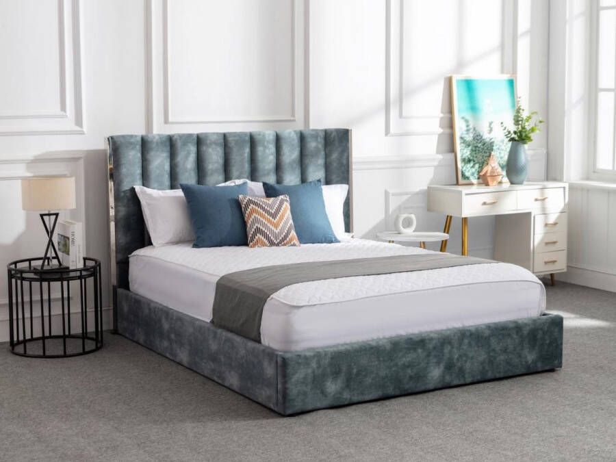 Bed 140 x 190 cm met hoofdbord met verticale stiksels Velours Groenblauw FEROYA L 155 cm x H 123 cm x D 206 cm