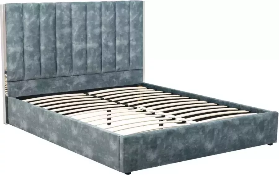 Bed 140 x 190 cm met hoofdbord met verticale stiksels Velours Groenblauw FEROYA L 155 cm x H 123 cm x D 206 cm - Foto 2