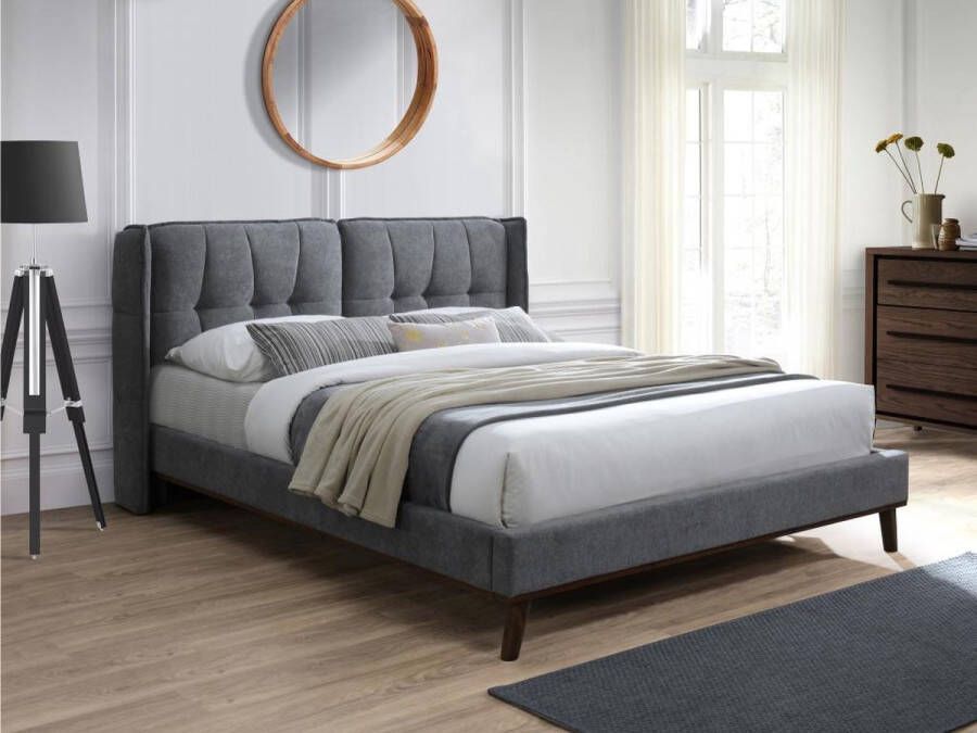 Bed 140 x 200 cm met hoofdbord met capitons Linnen Antraciet KERANO L 159 cm x H 106 cm x D 220.5 cm