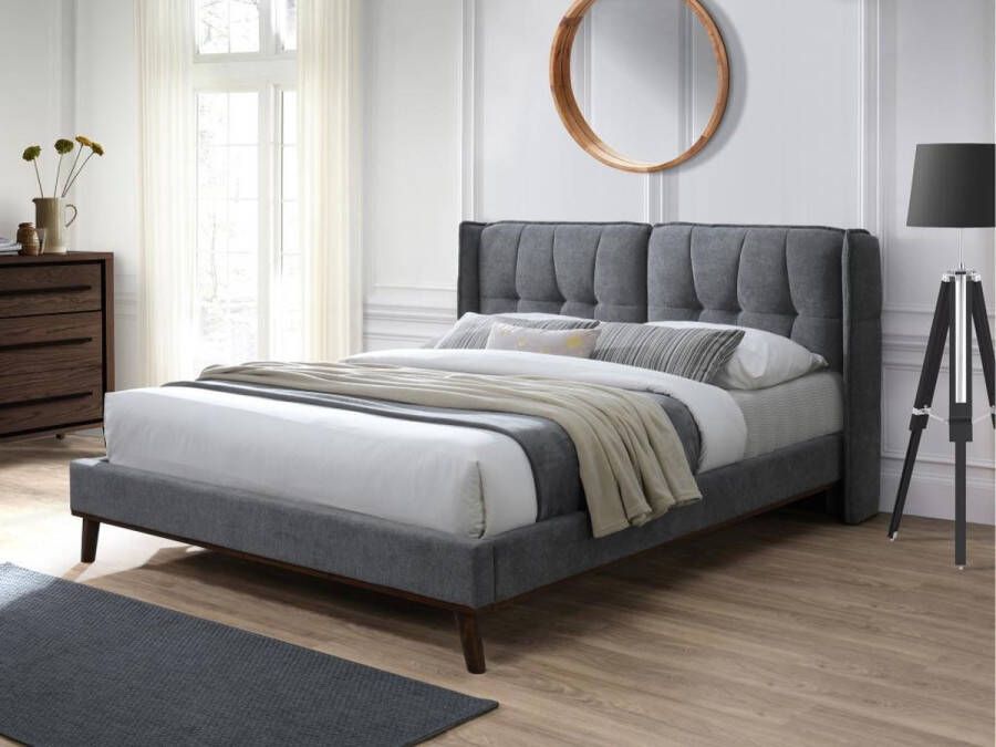 Bed 140 x 200 cm met hoofdbord met capitons Linnen Antraciet KERANO L 159 cm x H 106 cm x D 220.5 cm