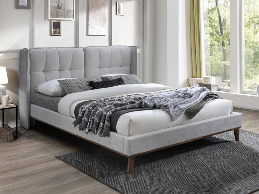 Bed 140 x 200 cm met hoofdbord met capitons Linnen Lichtgrijs KERANO L 159 cm x H 106 cm x D 220.5 cm