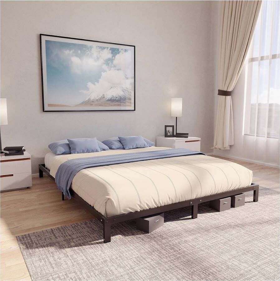 Bed 140 x 200 cm met metalen lattenbodem bedframe 140 x 200 cm voor matras hoogte 25 cm robuust eenvoudige montage veel opbergruimte zwarte lattenbodem