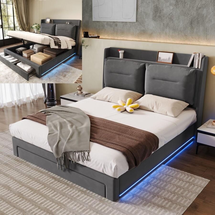 Bed 140x190 cm met 2-in-1 opbergladen aan het voeteneinde van het bed 140x190 cm opbergbed met lattenbodem EN LED verlichting fluweel grijs(Matras niet inbegrepen)