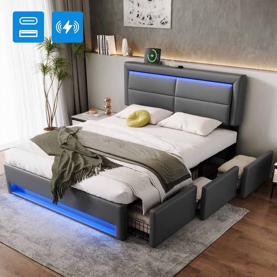Bed 140x190 cm met 3 lades bed 140x190 cm met opbergruimte en USB-aansluiting lychee-design PU grijs(Matras niet inbegrepen)