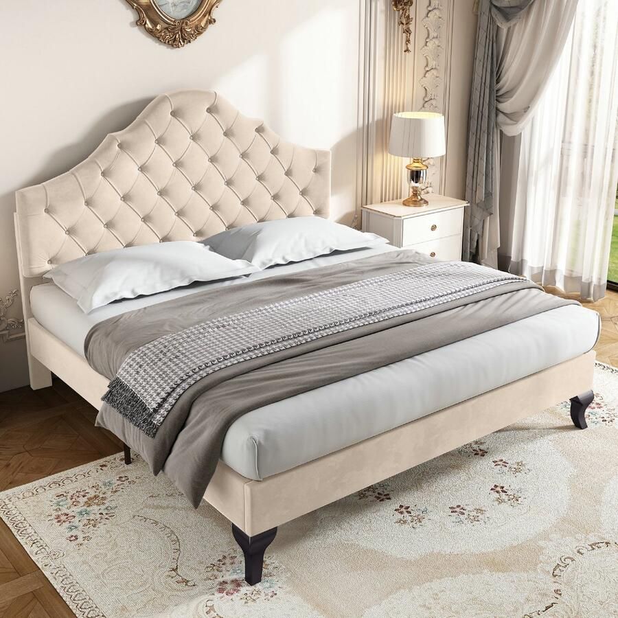 Bed 140x190 cm met in hoogte verstelbaar hoofdbord gestoffeerd bed 140x190 cm met lattenbodem fluwelen stof beige(Matras niet inbegrepen)