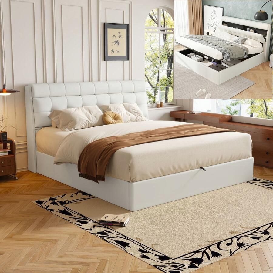 Bed 140x190 cm met verborgen opbergruimte aan het bed 140x190 cm met opbergruimte en lattenbodem PU stof elegante stijl zwart(Matras niet inbegrepen)