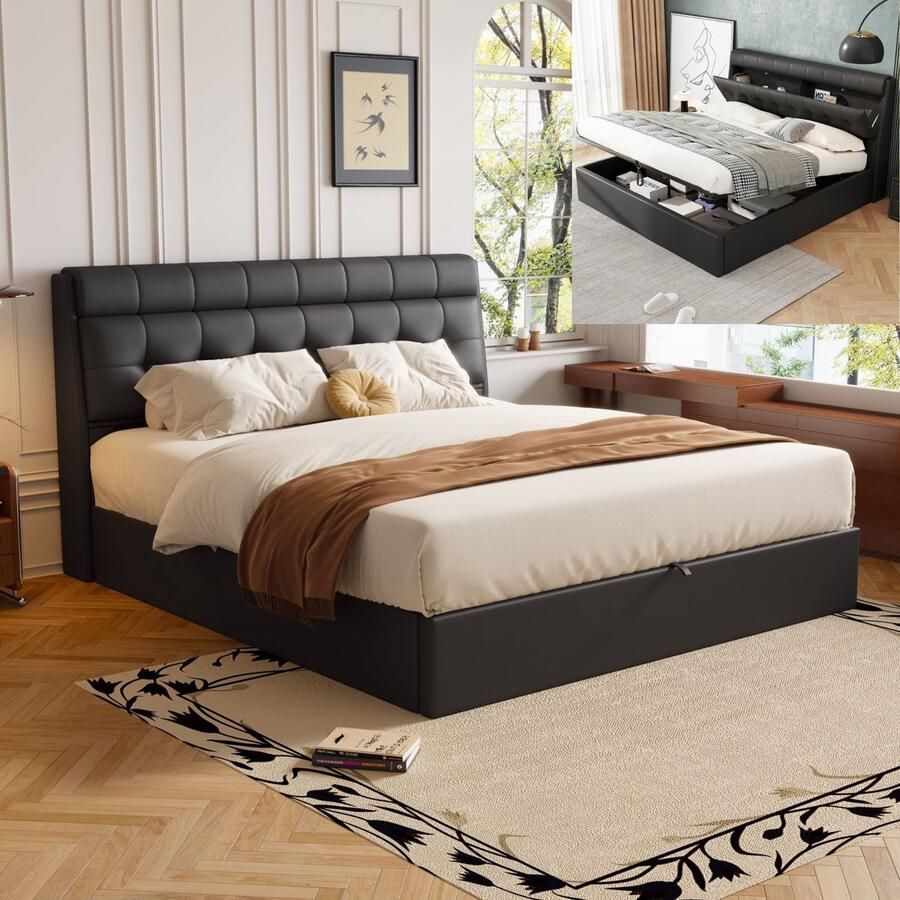 Bed 140x190 cm met verborgen opbergruimte naast het bed 140x190 cm met opbergruimte en lattenbodem PU-stof eenvoudige stijl zwart(Matras niet inbegrepen)