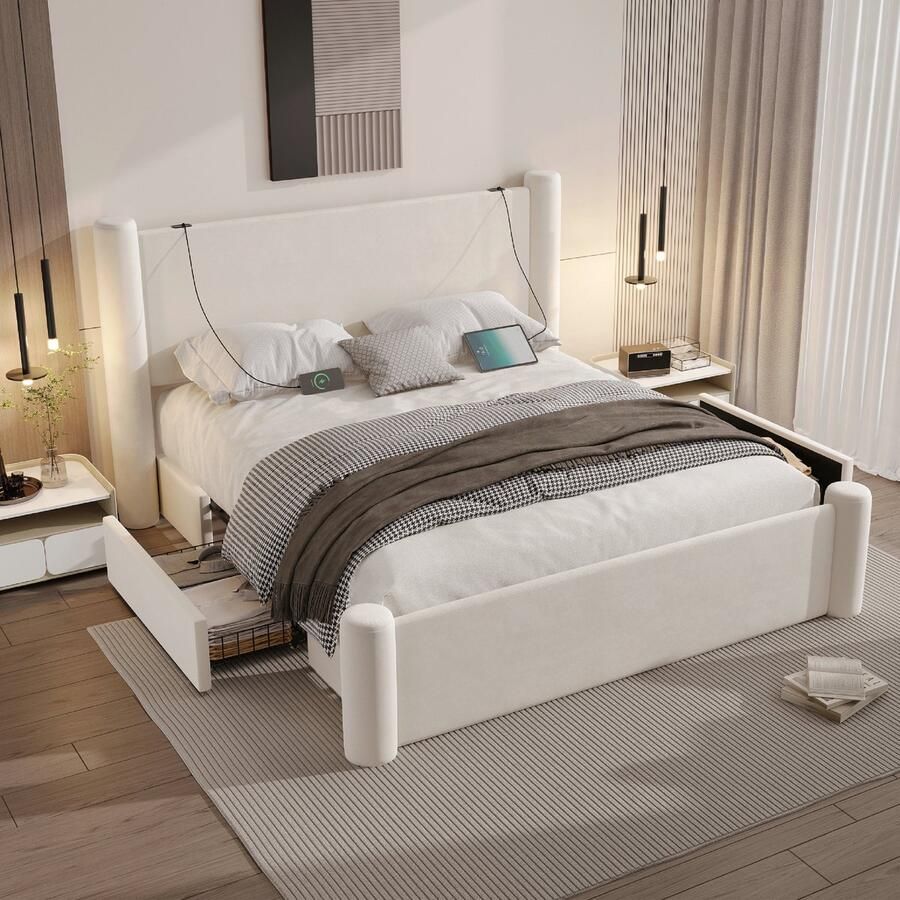 Bed 140x200 cm met opbergruimte 2 lades en USB-oplader volwassen bed met lattenbodem modern 3D-kolomdesign in fluweel beige(Matras niet inbegrepen)