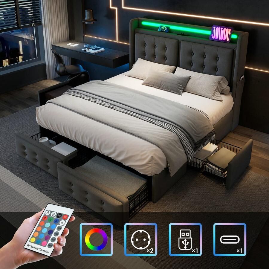 Bed 140x200 cm tweepersoonsbed met led-hoofdbord en USB-C-oplaadfunctie en 4 lades opbergbedden met grijs linnen +(Matras niet inbegrepen)