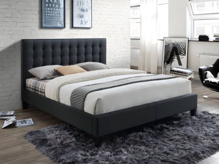 Bed 160 x 200 cm met hoofdbord met capitons Stof Antraciet + bedbodem + matras CHIARA L 165 cm x H 116 cm x D 217 cm