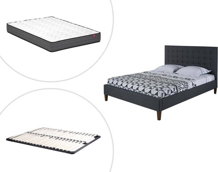 Bed 160 x 200 cm met hoofdbord met capitons Stof Antraciet + bedbodem + matras CHIARA L 165 cm x H 116 cm x D 217 cm - Foto 2