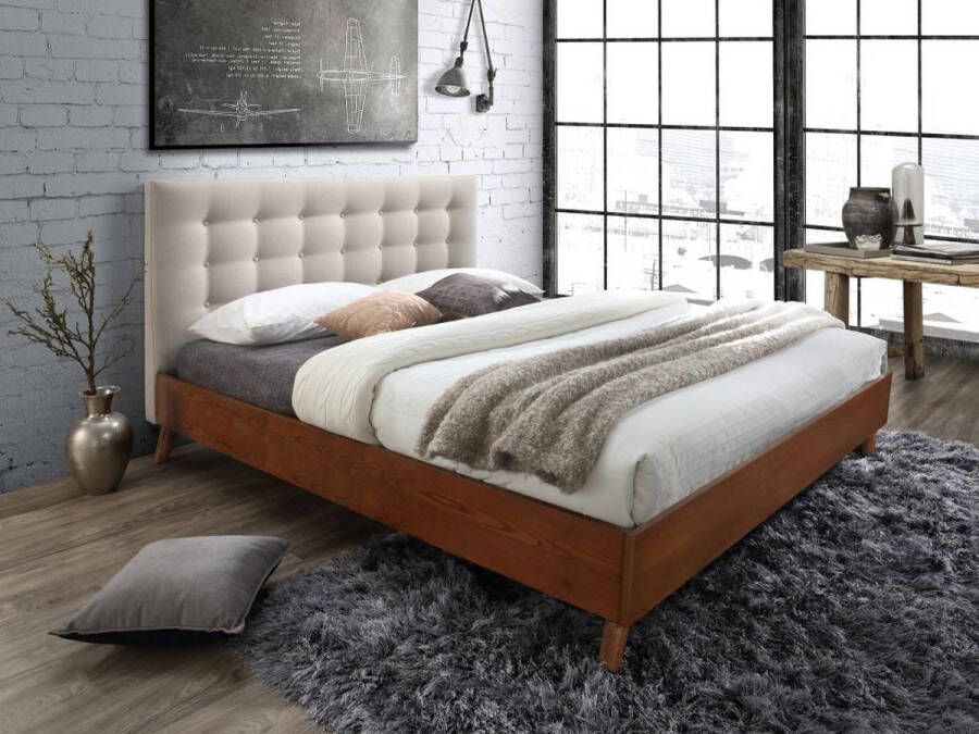 Bed 160 x 200 cm met hoofdbord met capitons Stof Beige + matras FRANCESCO L 166 cm x H 111 cm x D 201 cm - Foto 1