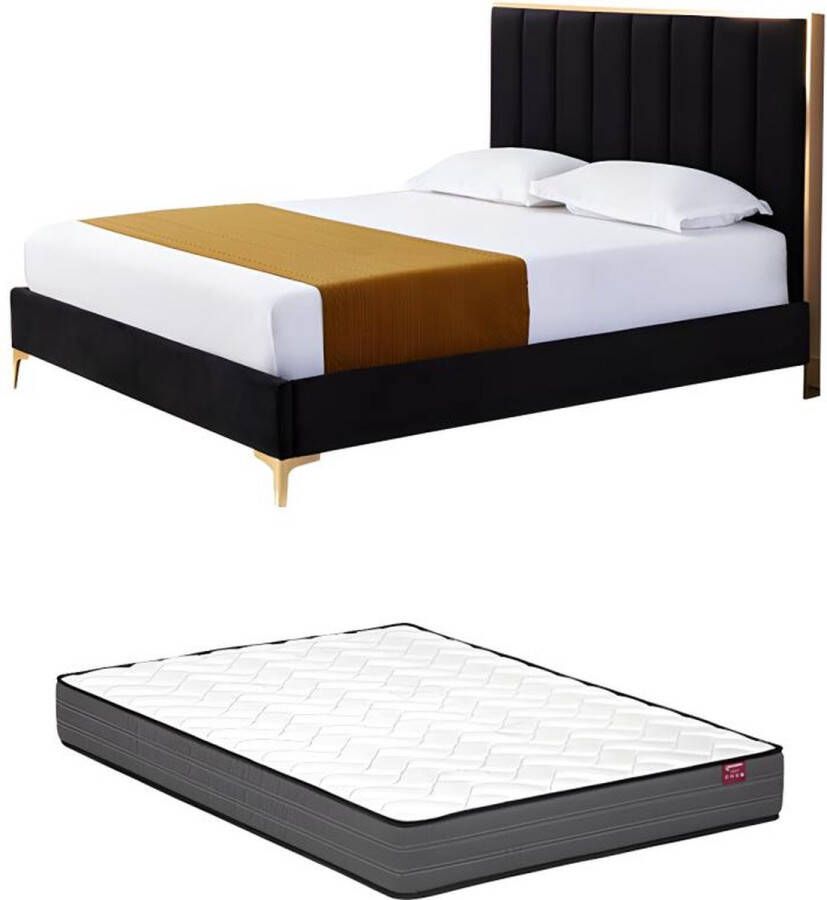 Bed 160 x 200 cm met hoofdbord met verticale stiksels Velours Zwart en goud + matras CLARISSE L 167 cm x H 120 cm x D 213 cm