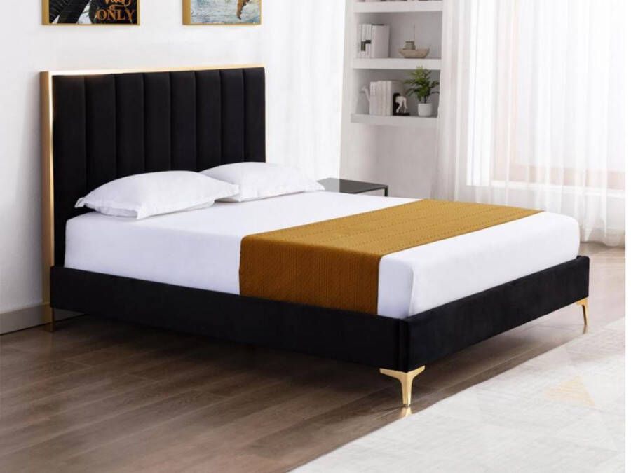 Bed 160 x 200 cm met hoofdbord met verticale stiksels Velours Zwart en goud + matras CLARISSE L 167 cm x H 120 cm x D 213 cm - Foto 2