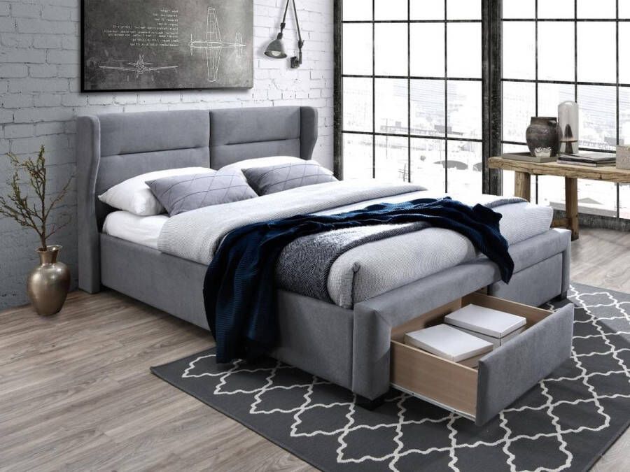 Bed 160 x 200 cm met lades Hoofdbord met uitspringende randen Stof Grijs + matras ALESSANDRO II L 216 cm x H 106 cm x D 178 cm