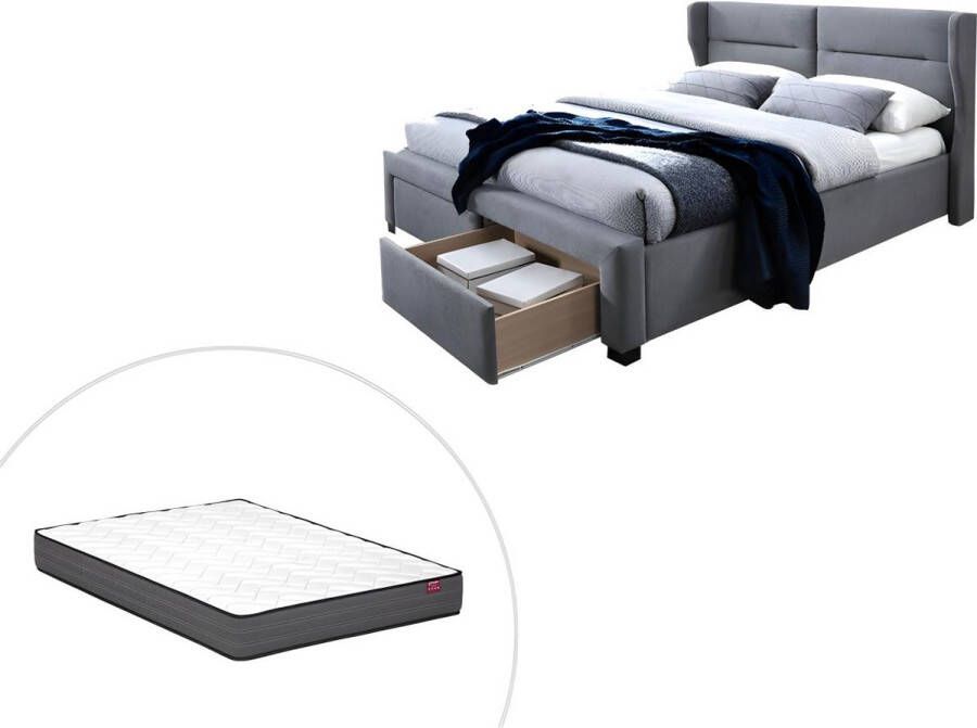 Bed 160 x 200 cm met lades Hoofdbord met uitspringende randen Stof Grijs + matras ALESSANDRO II L 216 cm x H 106 cm x D 178 cm