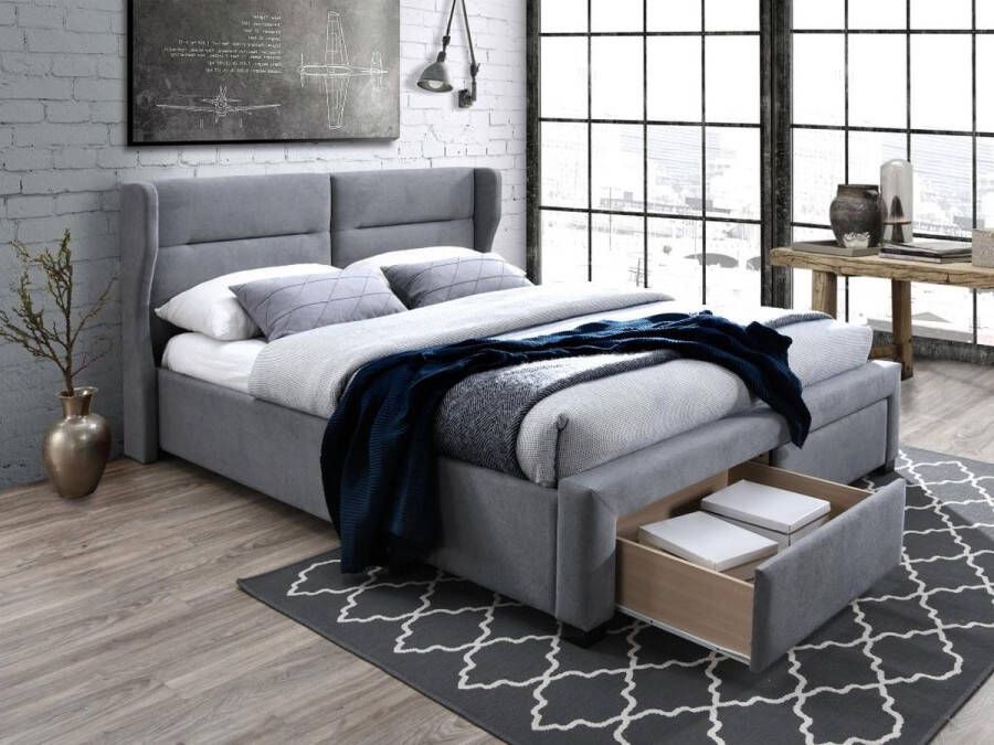 Bed 160 x 200 cm met lades Hoofdbord met uitspringende randen Stof Grijs + matras ALESSANDRO II L 216 cm x H 106 cm x D 178 cm - Foto 2