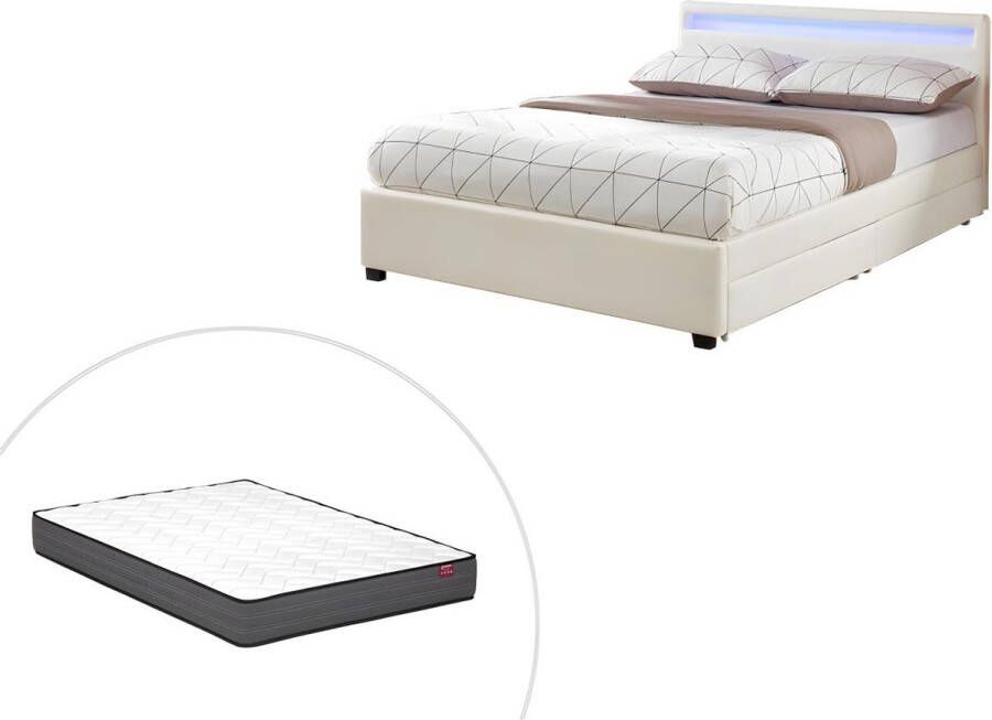 Vente-unique Bed 160 x 200 cm met opbergruimte Wit kunstleer met ledlampen + matras ALOIS II L 216 cm x H 85 cm x D 170 cm - Foto 3