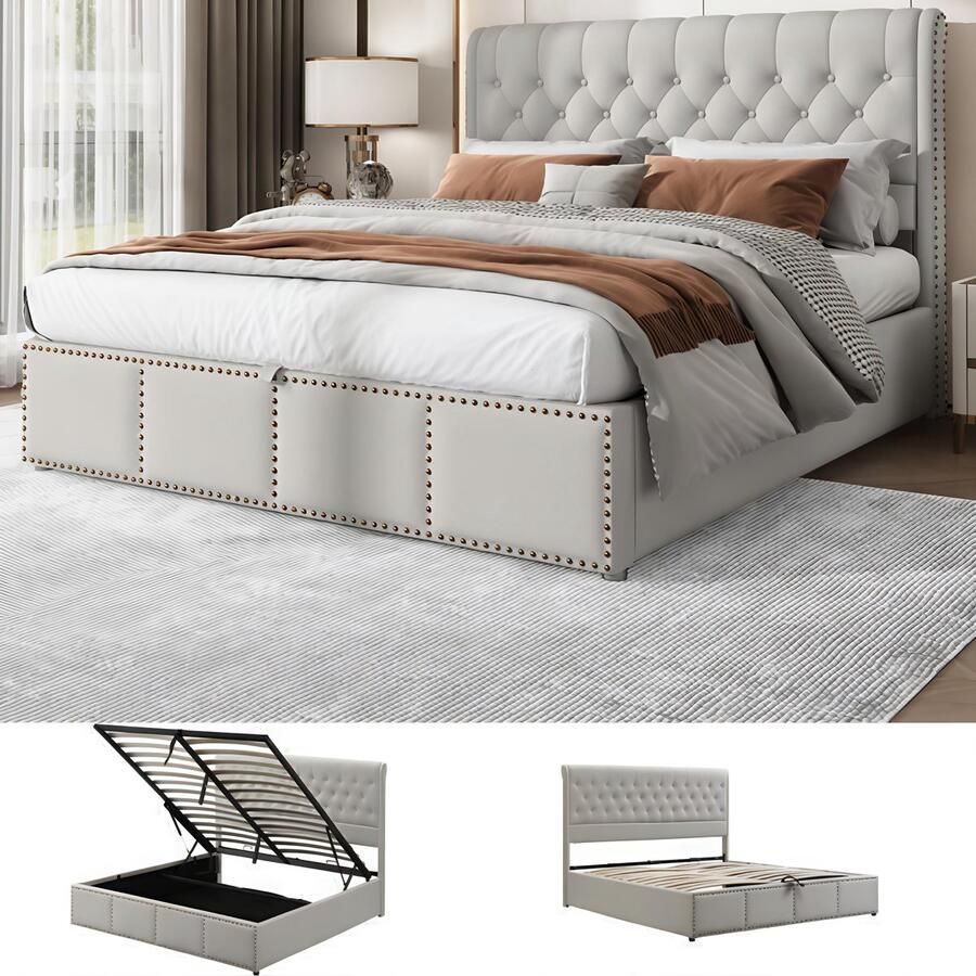 Bed 160x200 cm Gestoffeerd bed in katoen en linnen met hydraulische hendel opbergruimte voor de boxsprings klinknageldecoratie zonder matras lichtgrijs (matras niet inbegrepen)