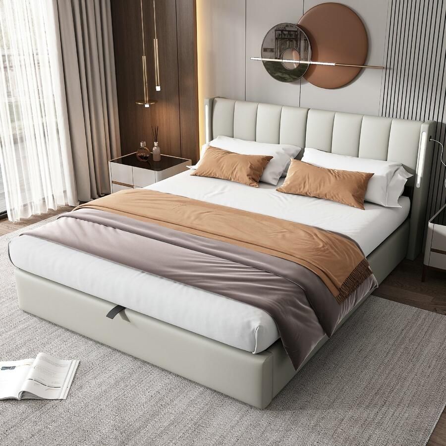 Bed 180x200 cm hydraulisch bed USB-aansluiting EN drievoudig verstelbaar hoofdbord met ledverlichting grijs + polyurethaan(Matras niet inbegrepen)