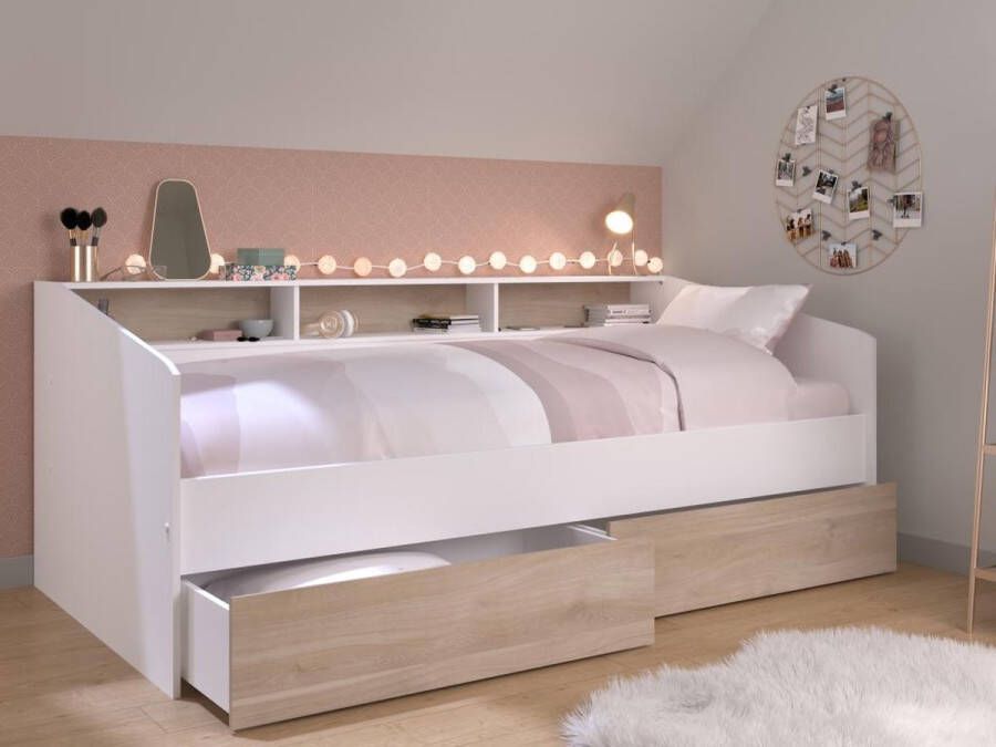 Bed 90 x 190 200 cm met opbergruimte Wit en naturel PAULETTE L 203 cm x H 81.7 cm x D 112.7 cm