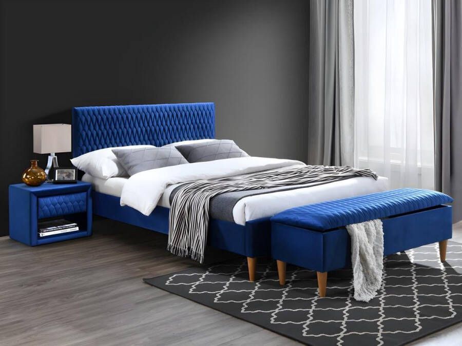 Bed DANIELE hoofdbord met naden 140 x 190 cm Stof fluweel Blauw L 196.5 cm x H 132 cm x D 146 cm