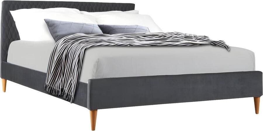 Vente-unique Bed DANIELE hoofdbord met stiksels 140x190cm Stof fluweel Grijs L 196.5 cm x H 132 cm x D 146 cm - Foto 2