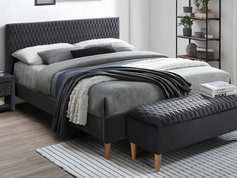 Bed DANIELE hoofdbord met stiksels 140x190cm Stof fluweel Grijs L 196.5 cm x H 132 cm x D 146 cm