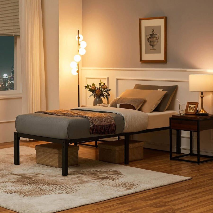 Bed Frame 90 x 200 cm Metal Bed Frame Modern Youth Bed with Slatted Base Double Bed Single Bed Black 41 cm H