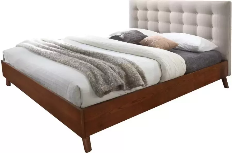 Bed FRANCESCO hoofdeinde gestoffeerd beige 160 x 200 cm L 166 cm x H 111 cm x D 201 cm
