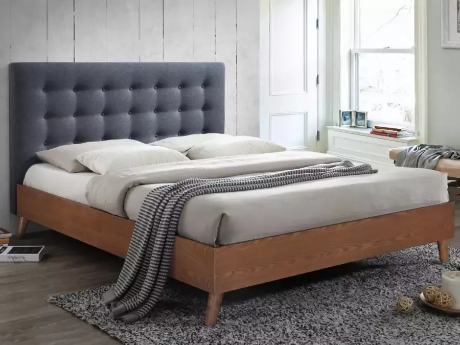 Bed FRANCESCO hoofdeinde gestoffeerd grijs 140 x 190 cm L 146 cm x H 111 cm x D 201 cm