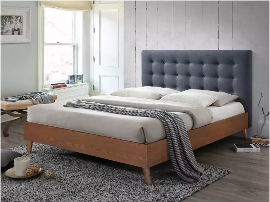 Bed FRANCESCO hoofdeinde gestoffeerd grijs 160 x 200 cm L 201 cm x H 111 cm x D 166 cm - Foto 2