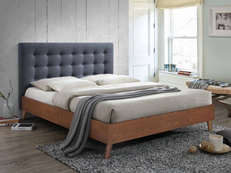 Bed FRANCESCO hoofdeinde gestoffeerd grijs 160 x 200 cm L 166 cm x H 111 cm x D 201 cm
