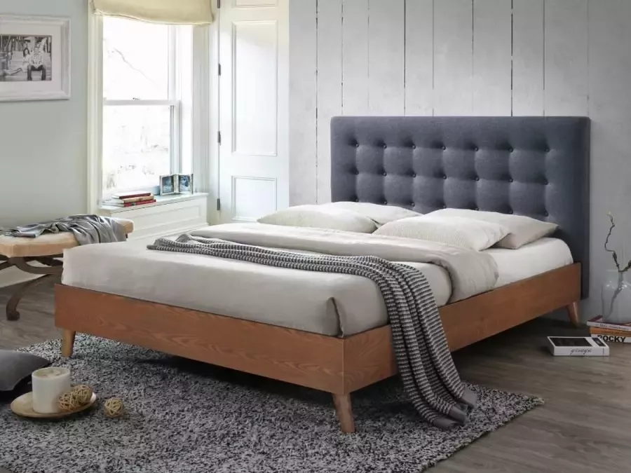 Bed FRANCESCO hoofdeinde gestoffeerd grijs 160 x 200 cm L 201 cm x H 111 cm x D 166 cm