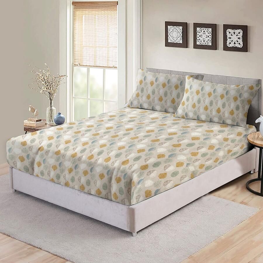 Bed Glow & Apparel Flanel Hoeslaken en 2 Kussensloops Set – 100% Flanel – 140x200 cm + 60x70 cm – Zacht Duurzaam & Huidvriendelijk –Ideaal voor Elke Slaapkamerstijl Bladeren patroon