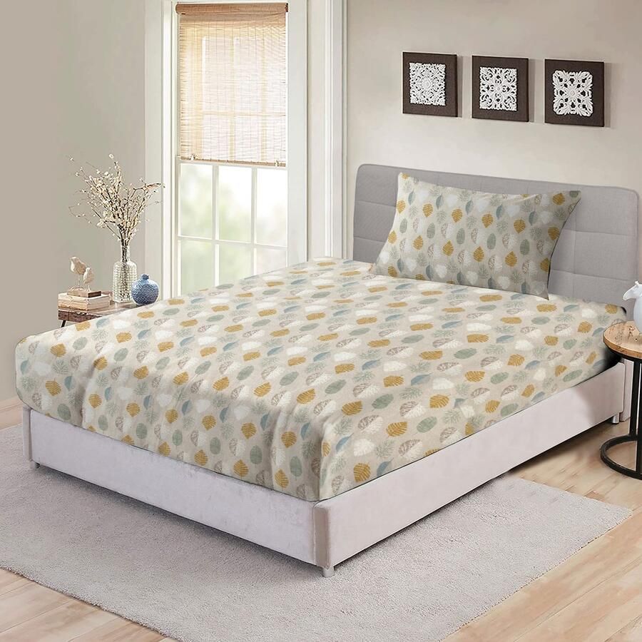 Bed Glow & Apparel Flanel Hoeslaken en Kussensloop Set – 100% Flanel – 90x200 cm + 60x70 cm – Zacht Duurzaam & Huidvriendelijk –Ideaal voor Elke Slaapkamerstijl bladeren patroon