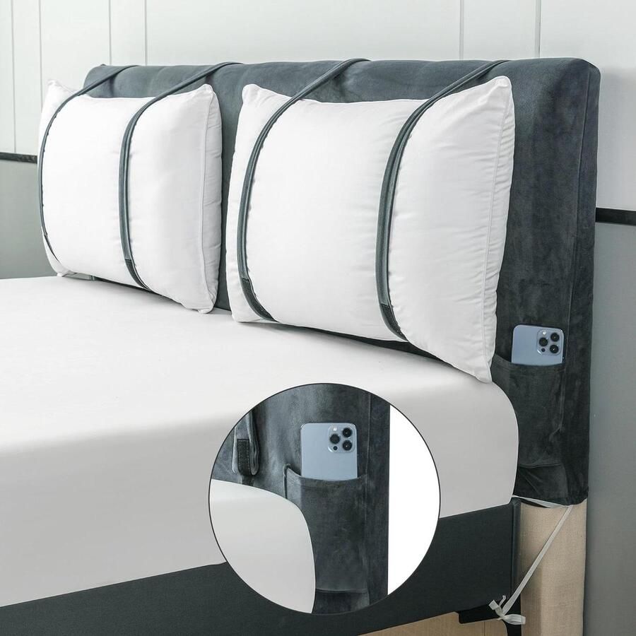 Bed Headboard Cover Stretch with Pillow Attachment Strap and Mobile Phone Storage Bag Grey 55-63 Inch hoofdbord hoes elastische