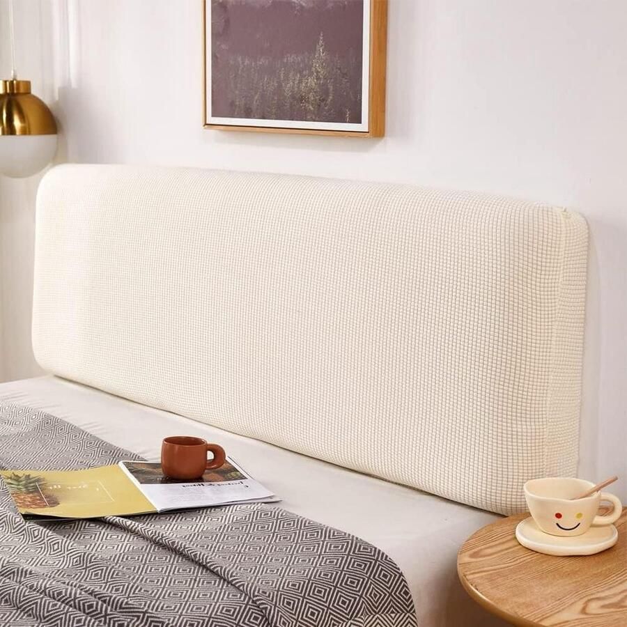 Bed Headboard Protective Cover Stretch Headboard Cover for Padded Headboard Dustproof Small Square Jacquard Fabric Milky White 120-140cm hoofdbord hoes elastische