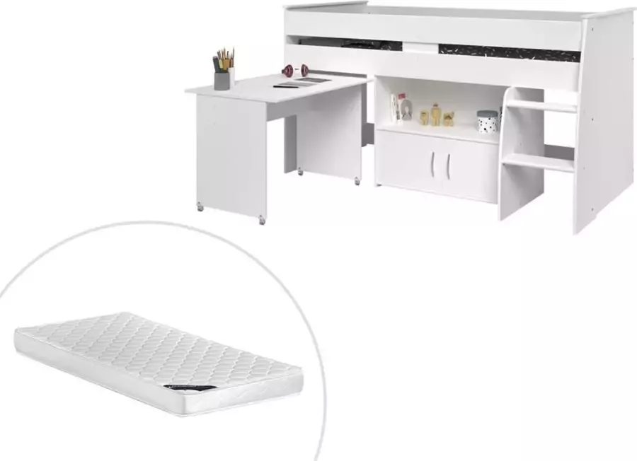 Bed MARCELLE met geïntegreerde bureau en opbergruimte 90x200cm Wit + matras L 206.4 cm x H 110 cm x D 113.7 cm