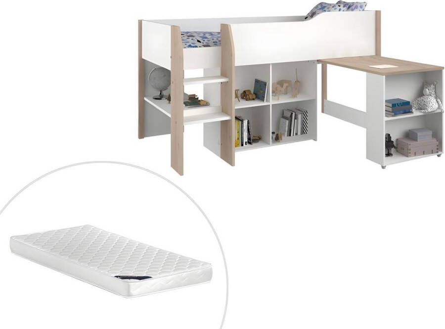 Bed MARIA met geïntegreerd bureau en opbergruimte 90x200cm Wit en eikenkleur + matras L 208 cm x H 118 cm x D 183 cm